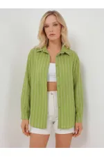 Kadın Çizgili Oversize Gömlek 20293 - E.Yeşil