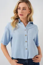 Women's Linen Look Crop Shirt 20339 - Blue