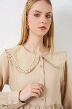 Kadın Bebe Yaka Uzun Tesettür Elbise 2592 - Bej