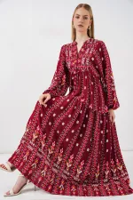 Kadın Desenli Uzun Tesettür Elbise 2585 - K. Kırmızı