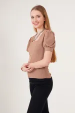 0409 Square Collar Knitted Blouse - Light Brown