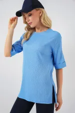 4332 Yanı Yırtmaçlı Örme Tişört - B.Mavi