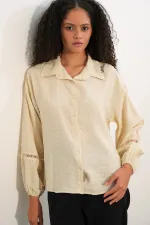 Kadın Oversize Desenli Gömlek 20379 - Krem