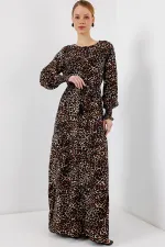 2145 Desenli Tesettür Elbise - C. Kahverengi