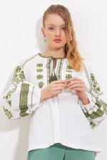 Chemisier en lin brodé kaki écru pour femme 902