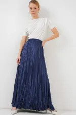 Women's Long Crinkle Shiny Skirt 8034 - Light Navy Blue