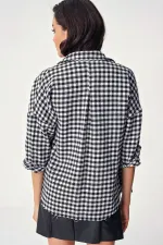 Kadın Ekose Desen Oversize Oduncu Gömlek 3854 - Siyah - Beyaz