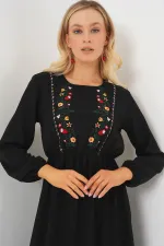 Kadın Nakışlı Uzun Tesettür Elbise 2550 - Siyah