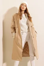 Trench-coat à capuche et cordon de serrage à la taille 9091 - Beige