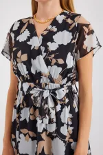 Robe courte en mousseline à motifs, manches courtes, noir clair (réf. 2502)