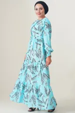 2145 Desenli Tesettür Elbise - Turkuaz