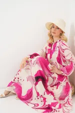 Kadın Desenli Uzun Tesettür Elbise 2585 - Fuşya