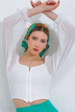 Kadın Beyaz Şifon Önü Fermuarlı Bluz 0496