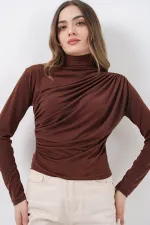 925 Büzgü Detaylı Sandy Bluz - A.Kahve