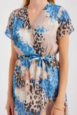 2502 Kısa Kol Desenli Şifon Elbise - Mavi