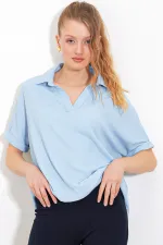 Chemisier en maille bleu oversize à col polo pour femme 0486