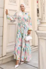 Kadın Desenli Uzun Tesettür Elbise 2586 - Turkuaz