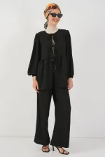 Ensemble deux pièces tunique et pantalon à lacets pour femme 6744 - Noir