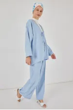 Kadın Keten Kimono İkili Takım 6727 - Mavi