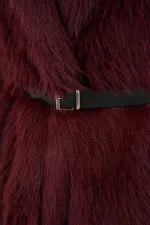 Kadın Kemerli Oversize Kürklü Kaban 9156 - Bordo