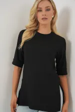 4332 Yanı Yırtmaçlı Örme Tişört - Siyah