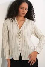 Chemise rayée en lin à lacets pour femme 995 - Crème