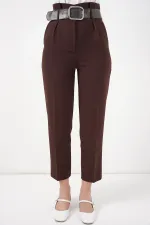 6556 Kemerli Kumaş Pantolon - Kahverengi