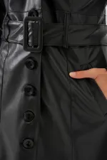 Kadın Yakası Kürklü Deri Kaban 1048 - Siyah