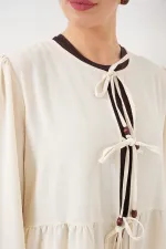 Kadın Önü Bağcıklı Tunik Pantolon İkili Takım 6744 - Ekru