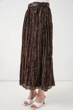 Kadın Kemerli Desenli Etek 8074 - Kahverengi