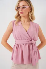 Kadın Kruvaze Yaka Kolsuz Bluz 966 - Pudra