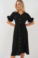 Women's Short Sleeve Buttoned Dress 2555 - Black