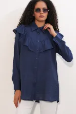 Women's Ruffle Detail Shirt Tunic 5994 - Navy Blue Women's Ruffle Detail Shirt Tunic 5994 - Navy Blue