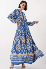 2423 Authentic Patterned Hijab Dress - Light Blue