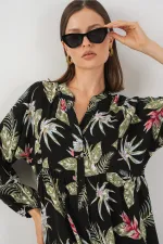 Kadın Desenli Uzun Tesettür Elbise 2585 - K. Siyah