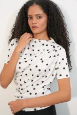 Women's Gathered Detail Short Sleeve Polka Dot Blouse 945 - A. White Women's Gathered Detail Short Sleeve Polka Dot Blouse 945 - A. White