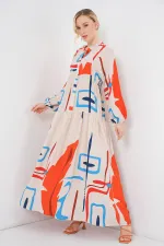 Kadın Desenli Uzun Tesettür Elbise 2585 - Turuncu