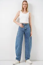 6689 Kadın Yüksek Bel Baggy Kot Pantolon - Mavi