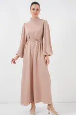 2510 Satin Hijab Evening Dress - Biscuit