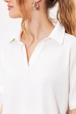 Chemisier blanc oversize en maille à col polo pour femme 0486