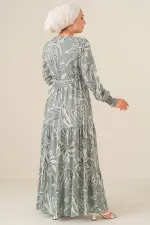 2145 Desenli Tesettür Elbise - Çağla