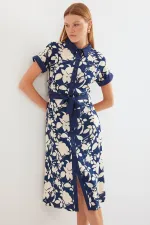 2455 Patterned Shirt Dress - Navy Blue