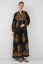 Black Gold Patterned Hijab Dress 2423