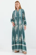 2423 Otantik Desenli Tesettür Elbise - F.Mint