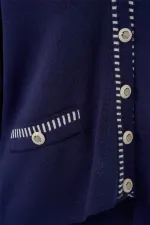 Women's Embroidered Knitwear Cardigan Trousers Two-Piece Suit 15963 - Navy Blue