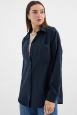 20153 Single Pocket Oversize Linen Shirt - Navy Blue 20153 Single Pocket Oversize Linen Shirt - Navy Blue