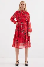 2459 Lined Patterned Tulle Dress - Red