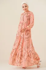 2145 Desenli Tesettür Elbise - Pudra