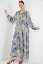 Kadın Desenli Uzun Tesettür Elbise 2585 - Açık Mavi