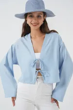 Kimono en lin noué sur le devant 960 - Bleu